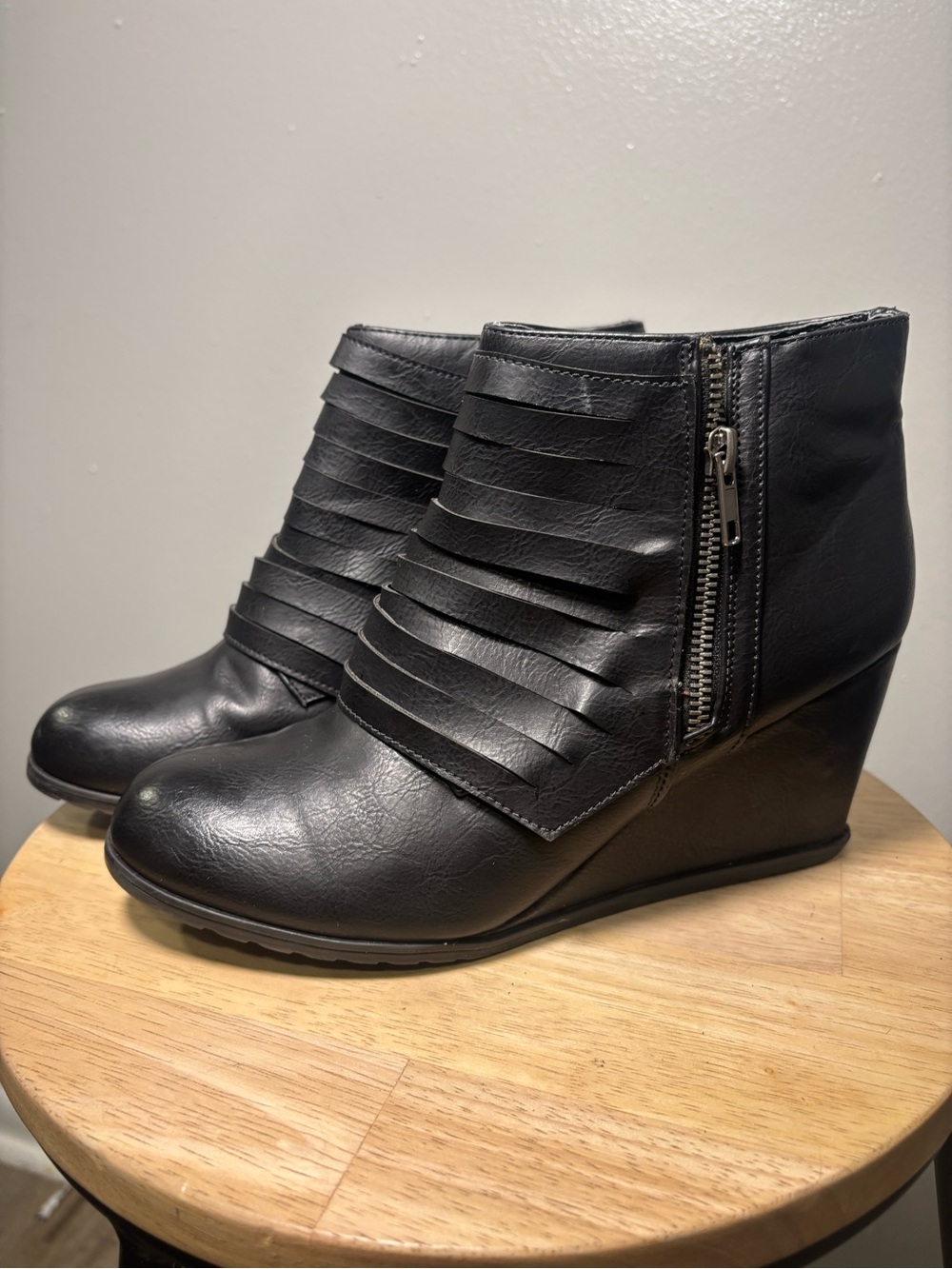 2 Lips Too Black Wedge Ankle Boots with Layered Front